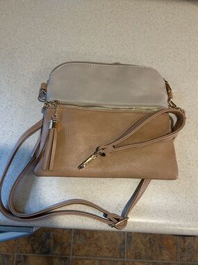 Neutral Two-Tone Taupe & Beige Crossbody Bag with Tassel